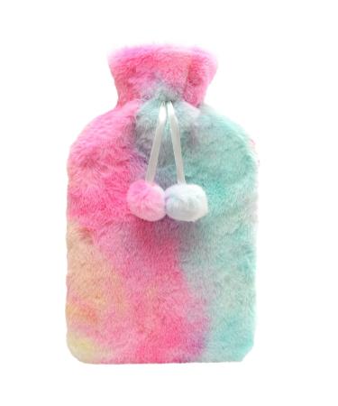 Olivia Rocco Rainbow Tie Dye Faux Fur Hot Water Bottle with Pom Poms Thermotherapy Hotwater Plush Fleece Bottles Hand Feet Warmer Neck and Shoulder Pain Relief Winter Gift