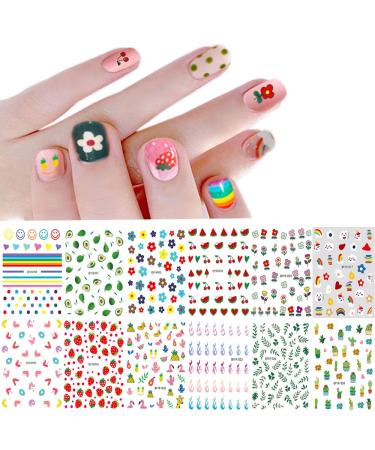 Nail Stickers for Women and Little Girls - 12 Sheets 3D Self-Adhesive DIY Nail Art Decoration Set Including Flowers Leaves Animals Plants Fruits Nail Decals for Woman Kids Girls 12 Pack