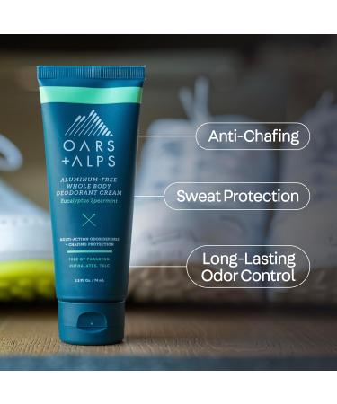 Oars + Alps Whole Body Deodorant Cream For Men - Multi-Action Odor Defense - Aluminum Free Baking Soda Free Anti-Chafe - 2.5 Ounce Tube - Eucalyptus Spearmint - Buy Online on GoSupps.com