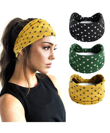 Eyanse Wide Boho Headbands for Women Vintage Retro Polka Dots Fashion Yoga Workout Head Wraps Knotted Pack of 3 Black Green Yellow