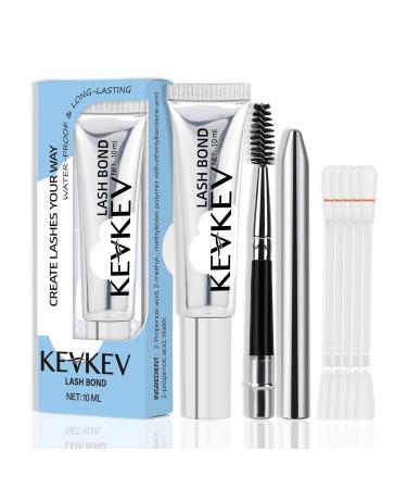 KevKev Eyelash Glue 10ml Lash Glue for Lash Clusters Lash Extension Waterproof Lash Bond Lasting 48-72 Hours Lash Cluster Glue with Lash Brush and Eyelash Remover Cotton Swabs Set (10ml Black) 10ml DIY Lash Glue(Black)