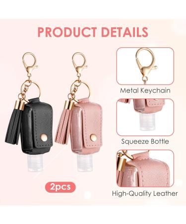 2Pcs Hand Sanitizer Keychain | Portable Leather Holder (30ml) for Travel | Refillable Case for Lotion & Liquid Soap - Black & Pink - Buy Online on GoSupps.com