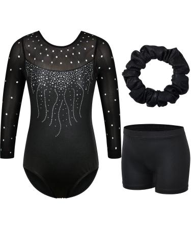BAOHULU Gymnastics Leotards for Girls Glitter Dancewear with Matching Shorts Set 9-10 Years Black 3/4 Sleeve Set