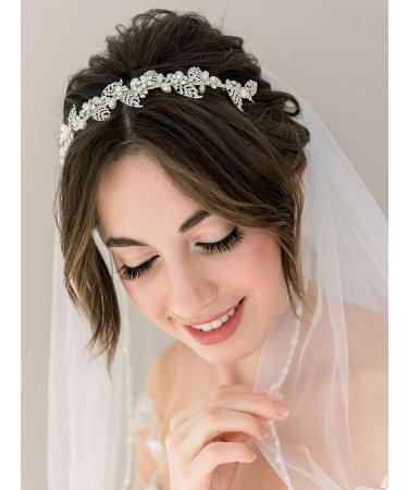 SWEETV Pearl Bridal Headband - Silver Crystal Leaf Tiara for Women | Wedding Hair Accessories - Buy Online on GoSupps.com