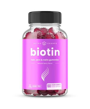 NutraChamps Sugar Free Biotin Gummies 10000mcg High Potency - Healthy Hair, Skin & Nails for Women, Men & Kids - 5000mcg in Each Gummy - Vegan, Non-GMO, Hair Health Vitamins Supplement - Raspberry 60 Count (Pack of 1)