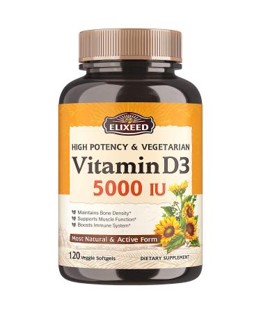 Elixeed Vitamin D3 5000 IU (125 mcg) High Potency 120 Veggie Softgels for Bone Mood & Immune Support No Gluten Gelatin & Soy Natural Ingredients Made in USA Unflavored