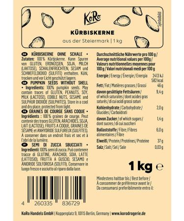 Buy KoRo Styria Pumpkin Seeds 1kg - Natural Unroasted Unsalted - Premium Quality Snack for Health - Buy Online on GoSupps.com