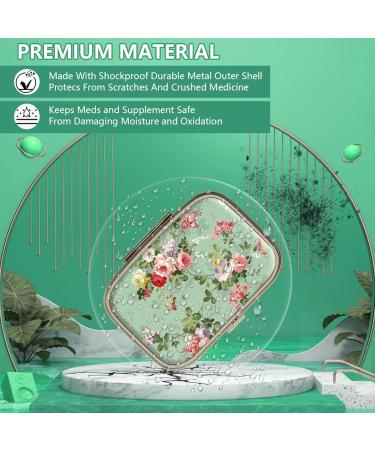 Retro Green Floral Pill Box with Mirror - Bronze 2-Compartment Storage for Vitamins & Supplements - Small Portable Pill Organizer - Buy Online on GoSupps.com