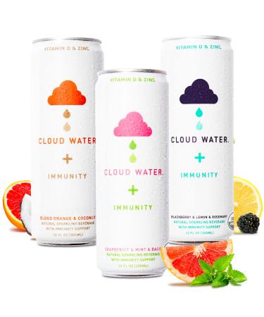 Organic Infused Sparkling Water with Immunity Support by Cloud Water - 12-Pack Variety Pack - Low Sugar & Calorie Flavored Soda Kosher - 100% RDI Vitamin D3 & Zinc (12 oz)