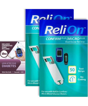 ReliOn Confirm Micro Blood Glucose Test Strips 50 Ct (2 Pack) Bundle with Exclusive Look After Your Diabetes - Better Idea Guide (3 Items) 2 Pack 100 Count