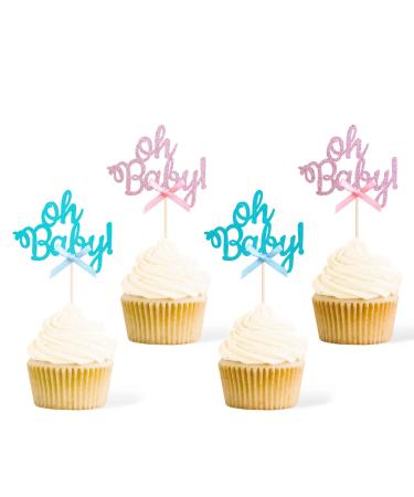 Gexolenu 36 PCS Oh Baby Cupcake Toppers with Blue Pink Bows Double-Sided Glitter Gender Reveal Cupcake Picks for Baby Shower Party Cake Decorations Boy or Girl Birthday Party Supply Picks Oh Baby Blue and Pink Bows