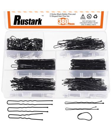 Rustark 380Pcs 2 Styles Black Hair Pins Kit with Storage Box Includes Bobby Pins Buns U Shaped Hair Pins and Rubber Hair Bands for Women Girls Kids for All Hair Types
