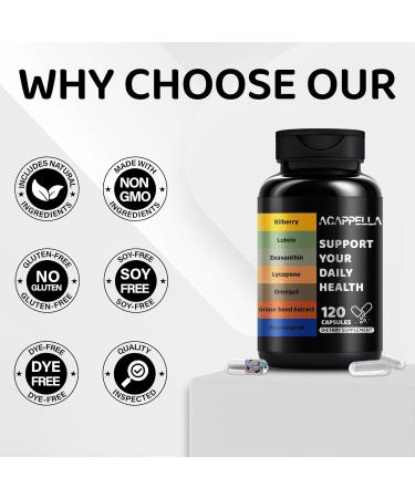 ACAPPELLA Bilberry Lutein Zeaxanthin Lycopene Omega-3 Grape Seed Extract Resveratrol Capsule Bilberry Supplement for Eyes with Multivitamins (1) - Buy Online on GoSupps.com