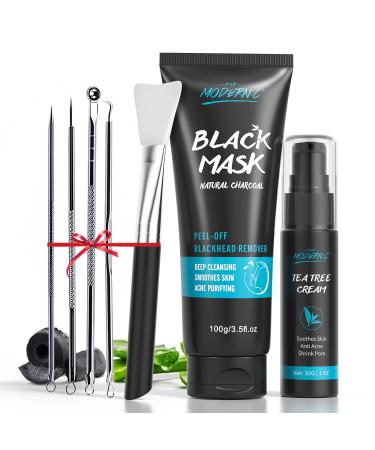 POP MODERN.C Blackhead Remover Mask with Tea Tree Cream Charcoal Peel Off Facial Mask Blackheads Whiteheads Removal Deep Cleansing Pore Purifying Acne Face Mask with Brush Pimple Extractor 4-in-1 Kit