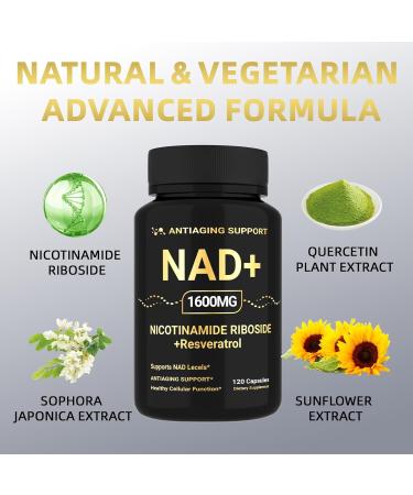 NAD Supplement 1600mg NAD+ with Resveratrol & Nicotinamide Riboside Anti-Aging Support Cellular Energy & Mental Clarity Support Vegan Non-GMO 120 Capsules - Buy Online on GoSupps.com