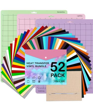 FURWEY HTV Heat Transfer Vinyl Bundle: 52 Pack 12" x 10" Iron on Vinyl for T-Shirt, 30 Assorted Colors with HTV Accessories Tweezers, HTV Vinyl Sheets 52pack