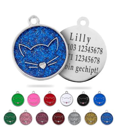 Ibera Gifts - Personalized cat brand for medium to large cats in round shape with a cat with engraving name collar brand address trailer cat neck band (glitter blue) blu glitter