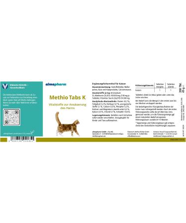 Almapharm Methio Tabs K | 200 Tablets | Urinary Support Supplement for Cats | Acidify Urine with Methionine | Vital Nutrients for Health - Buy Online on GoSupps.com
