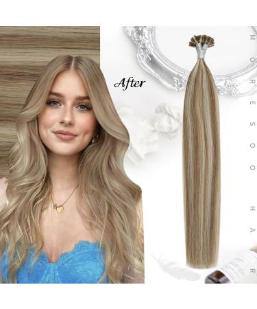 Moresoo Bonding Extensions | Real Hair U-Tip Keratin Extensions | Blond Strands | Remy Hot Fusion | #P9A/60 Light Brown & Platinum Blond | 50g 50cm - Buy Online on GoSupps.com