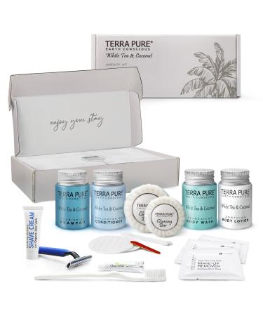Terra Pure White Tea & Coconut Amenity & Accessory Kit |1 oz Travel Size Shampoo Conditioner Lotion Body Wash 2 Cleansing Bars Shave & Dental Sets Make-Up Remover Wipes & Vanity Kit | 1 Box 5 PIECES (BOXED WITH ACCESSORIES)