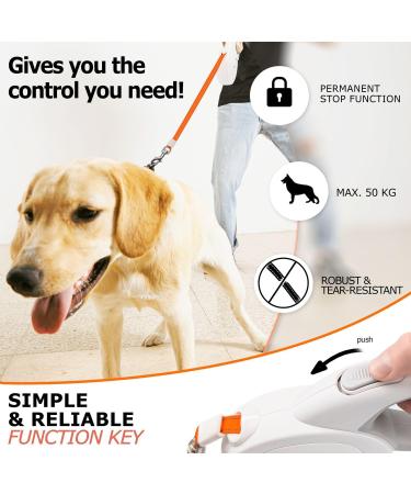 Bluzelle 8m Long Dog Leash for Dogs up to 50kg - Flexible Neon-Orange Reflector Belt with 360 Carabiner Hook Ergonomic Gray Handle & Catchment Brake - Buy Online on GoSupps.com