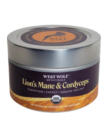 West Wolf Medicinals Lion's Mane & Cordyceps Mushroom Extract Powder Capsules| High Potency/Over 30% Beta Glucans| No Fillers| USDA Organic| 120Capules/ 4Months Supply | Eco-Friendly Packaging
