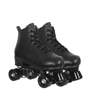 Roller Skates for Women with PU Leather/Suede/Glitter Leather High-top Double Row Rollerskates, Unisex-Adult Indoor Outdoor Derby skate with Wear-Resistant Rubber Fast Braking for Beginner Size 7/7.5/8/8.5/9/10/10.5 Black(PU Leather) Women's 9/ Men's 8