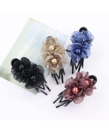 Dizila 4 Pack Sparkly Crystal Mesh Double Flower Hair Clips | Decorative Pearl Hair Barrettes for Women and Girls - Buy Online on GoSupps.com