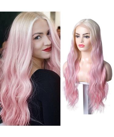 Lace Front Wigs Ombre Pink Wig 22Inch Pink Long Body Wave Wig Natural Hairline 5" Deep Part HD Transparent Lace, Heat Resistant Kanekalon Futura Fiber