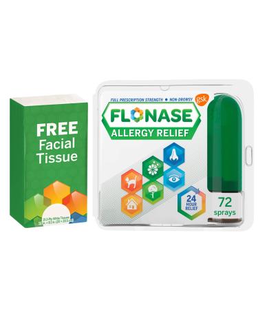 Flonase Allergy Relief Nasal Spray, 24 Hour Non Drowsy Allergy Medicine, Metered Nasal Spray - 72 Sprays + Bonus Pack of Tissues