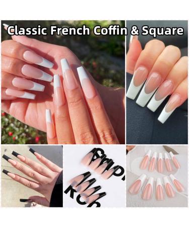 144PCS Long French Tip Press On Nails: White & Black Acrylic Square Coffin Fake Nails for Women - Buy Online on GoSupps.com