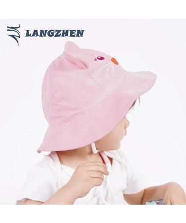 LANGZHEN Beach Sun Protection Hat for Baby Girls - Adjustable Wide Brim Toddler Kids Hat with Chin Strap - Pink Cat Design - Buy Online on GoSupps.com