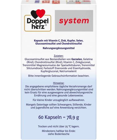 Doppelherz System Glucosamin 800 Plus with Vitamin C - Supports Healthy Cartilage Function - 60 Capsules - International Shipping Available - Buy Online on GoSupps.com