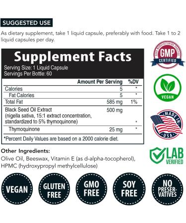 Black Seed Oil Capsules - 5% Thymoquinone - 500mg per Capsule - Raw Form Vegan - 60 Capsules - Buy Online on GoSupps.com