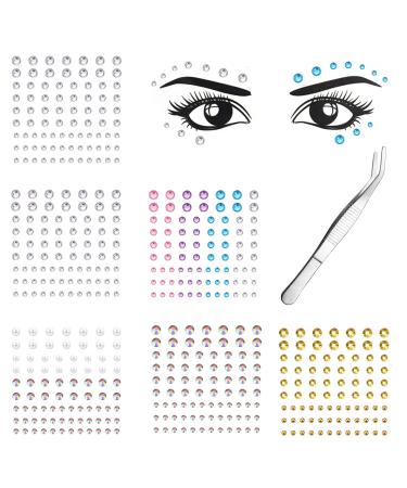 JeryWe 6 Sheets Face Jewels Stick on Eye Gems Rhinestone Stickers for Makeup Faux Nose Stud Crystals Face Pearls for Eyes Self Adhesive DIY Face Body Gems Jewelry for Women White CZ & Gold&Colorful