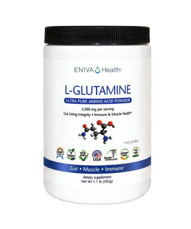 Eniva Health L-Glutamine Pure Powder (1.1 lbs), 101 Servings, 0 Carbs, 0 Sugar | Doctor Designed, Plant Source | Vegan, Gluten Free, NonGMO | GI Health, Leaky Gut, Bloating, Muscle, Immune | USA Made