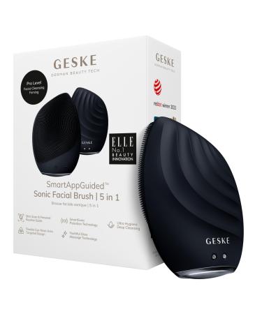 GESKE SmartAppGuided Sonic Facial Brush 5 in 1 | Vibrating Electric Facial Cleansing Brush | Soft Silicone Brush | Professional Facial Cleanser | Skin Cleanser & Exfoliator | Face Massager Black