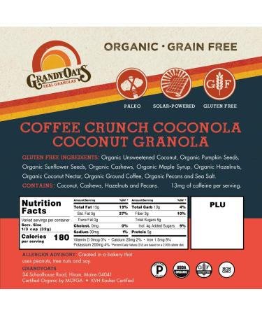 GrandyOats Coconola Gluten Free Granola - Organic, Non-GMO, Paleo, Low Carb & Sugar (Coffee Crunch, 1 Pack) - Buy Online on GoSupps.com
