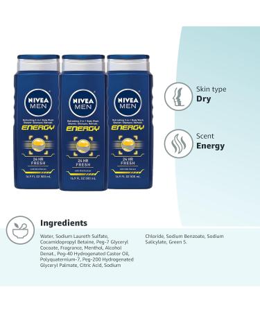 Nivea Men Energy Body Wash Bundle - 3 Pack, 16.9 fl oz Bottles with Mint Extract - Buy Online on GoSupps.com