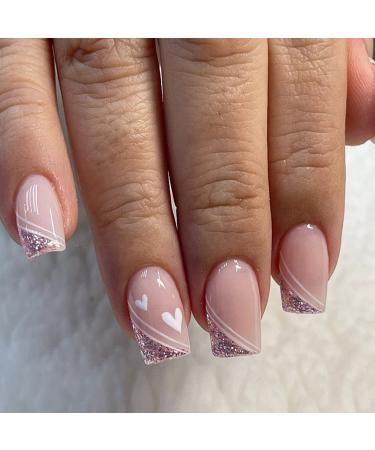 24 Pcs Glitter French Tip Press on Nails Short Square Fake Nails with Heart Designs Glossy Nude Pink False Nails Artificial Cute Nail Tips Stick on Nails for Women DIY Natural Acrylic Nails Decoration N10