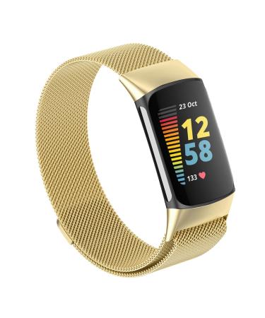Magnetic Mesh Loop Bands Only Compatible with Fitbit Charge 5 Bands,Metal Adjustable Stainless Steel Wristbands Replacement Straps for Charge 5 Activity Tracker Women Men,Gold, Large L: 5.9"-8.3" Gold