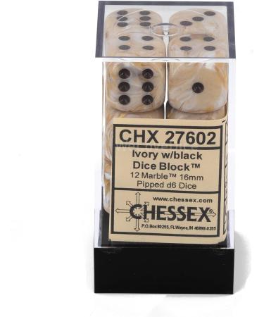 Chessex Marble Ivory with Black d6 Dice Set - 16mm Six Sided Die (12) Block - 1-Pack - Buy Online on GoSupps.com