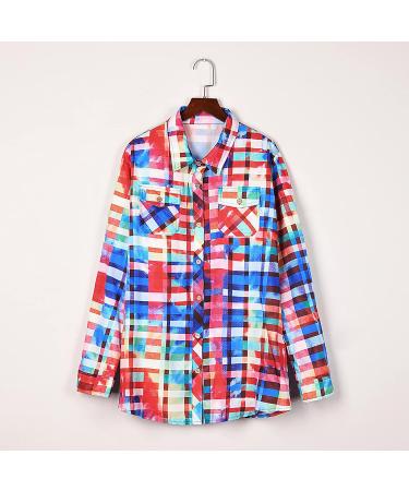 RFNIU Womens Plaid Color Shirt | Multicolor Cardigan Top with Pockets | Loose Long Sleeve Blouse | Red | Large - Buy Online on GoSupps.com