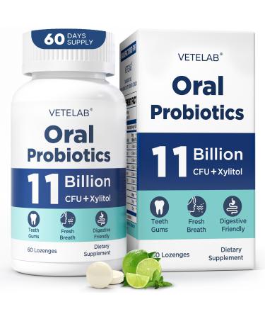 VeteLab Oral Probiotics for Mouth Bad Breath - 11 Billion CFU Chewable Probiotics for Teeth & Gums Dry Mouth Gum Restore Fresh Breath Chronic Halitosis & Gut Health 60 Lozenges