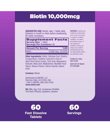 Natrol Beauty Biotin 10000mcg Dietary Supplement for Healthy Hair Skin Nails and Energy Metabolism 60 Strawberry-Flavored Fast Dissolve Tablets 60 Day Supply (Pack of 12) - Buy Online on GoSupps.com