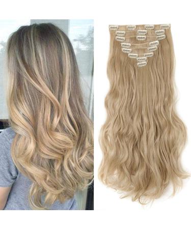 8PCS Hairpiece Clip in Hair Extensions 17" -Dark Blond/Bleach Blond Synthetic Hair Piece Curly Wavy for Full Head 17 Inch Curly #Dark Blond&Bleach Blond