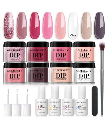 AZUREBEAUTY 17 Pcs Dip Powder Nail Kit Starter, Classic Pink Nude Neutral Clear Colors Acrylic Dipping Powder Liquid Set with Base/Top Coat for French Nails Art Manicure Beginner Party Gift DIY Home 01A-Nude pink