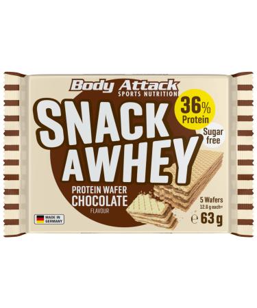 Body Attack Snack a Whey 5 x 63g protein wafer with 36% milk and whey protein content chocolate crispy waffles for in between only 0.1 g sugar per waffle made in Germany