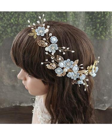 Minkissy Wedding Hair Comb - Pearl Crystal Bridal Hair Clip with Rhinestone Flower Decoration in Blue | Ideal Wedding Hair Accessory for Bride & Bridesmaids - Buy Online on GoSupps.com