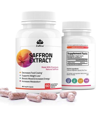 Zaffrus Pure Saffron Extract 88.5mg - Mood Enhancement, Eye Support, Anti-Stress, Appetite Suppressant - 60 Capsules - Buy Online on GoSupps.com